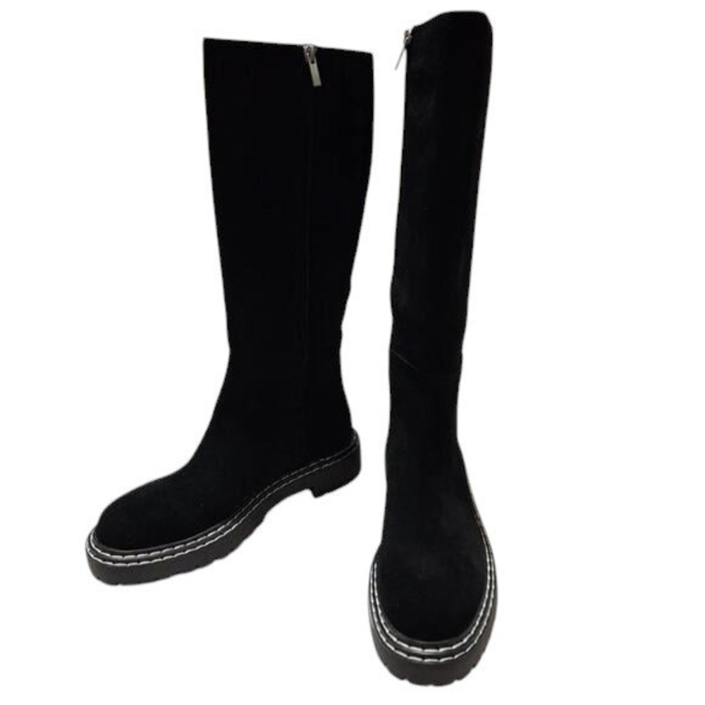 Black Suede Knee High Boots Lug Sole Chunky‎ Heel Casual Fashion